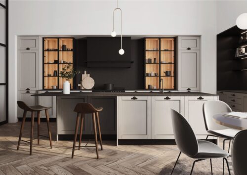 Wunderschön im Skandi-Stil kommt die Küche „Ergo FL Zero“ von Rotpunkt daher. Ein Blickfang sind die Design-Knäufe von Buster and Punch. Die Küchenkomposition in „Beach Grey“ lädt durch die erweiterte Arbeitsplatte an der Kücheninsel zum Sitzen und Verweilen ein.