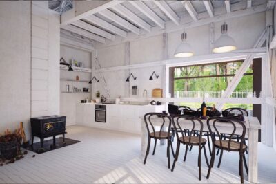 Diese helle und luftige Küche zeichnet sich durch einen weiß gestrichenen Steinboden aus, der perfekt zum rustikalen Charme und der zeitlos-modernen Einrichtung passt. Der Boden sorgt für eine einladende Atmosphäre und ergänzt die freundliche Helligkeit des Raumes. Foto: Getty Images
