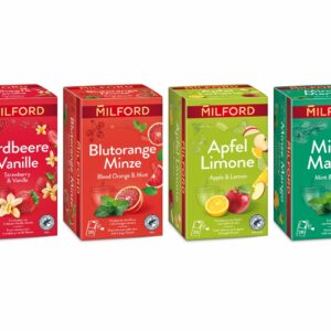 Vier neue fruchtige Geschmacksrichtungen werden von Milford angeboten. Sie machen selbst an kalten Wintertagen gute Laune. Ein Teil der Kollektion sind die Früchtetees „Erdbeere Vanille“, „Blutorange Minze“, „Apfel Limone“ und der Kräutertee „Minze Mango“. Ein echtes Genusserlebnis.  
